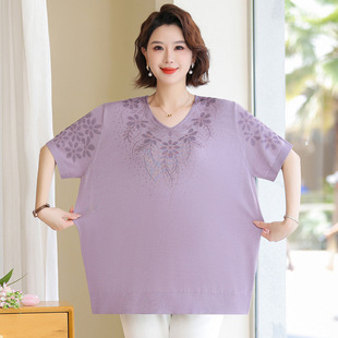 Plus-Size Mom Summer New Knitwear Thin Top Middle-Aged Women's Stylish Base Shirt Middle-Aged and Elderly T-Shirt