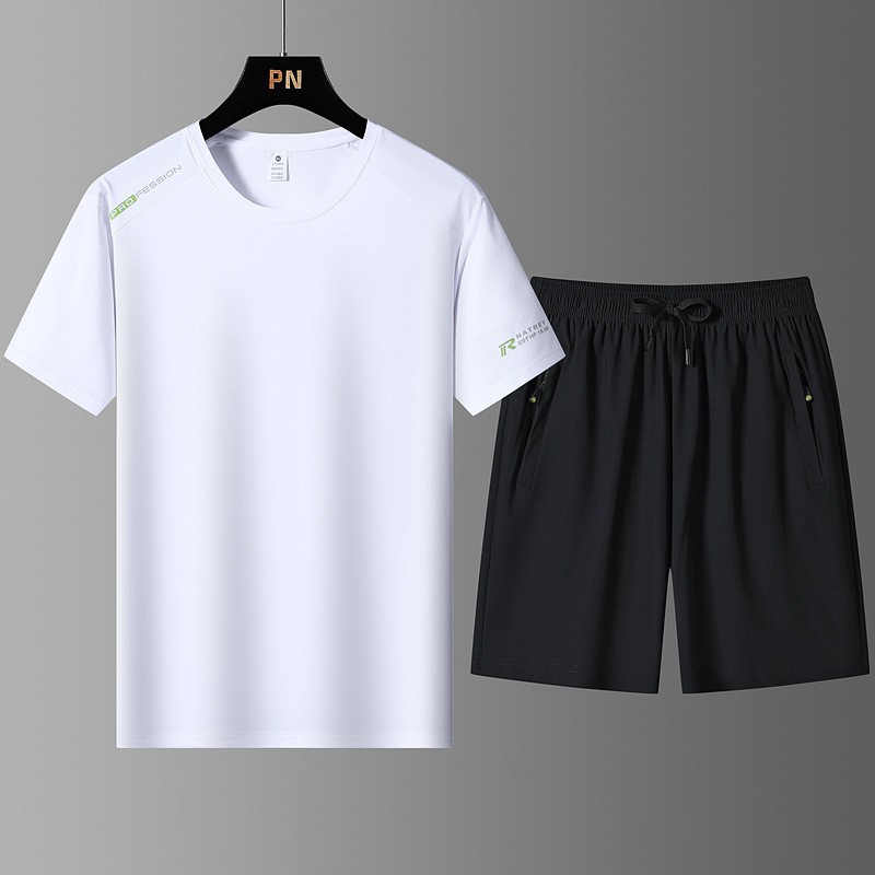 Traje deportivo de seda de hielo de secado rápido de tamaño extra grande Camiseta de manga corta para hombre Nuevo estilo de verano Pantalones casuales para hombre de todo fósforo Conjunto de dos piezas