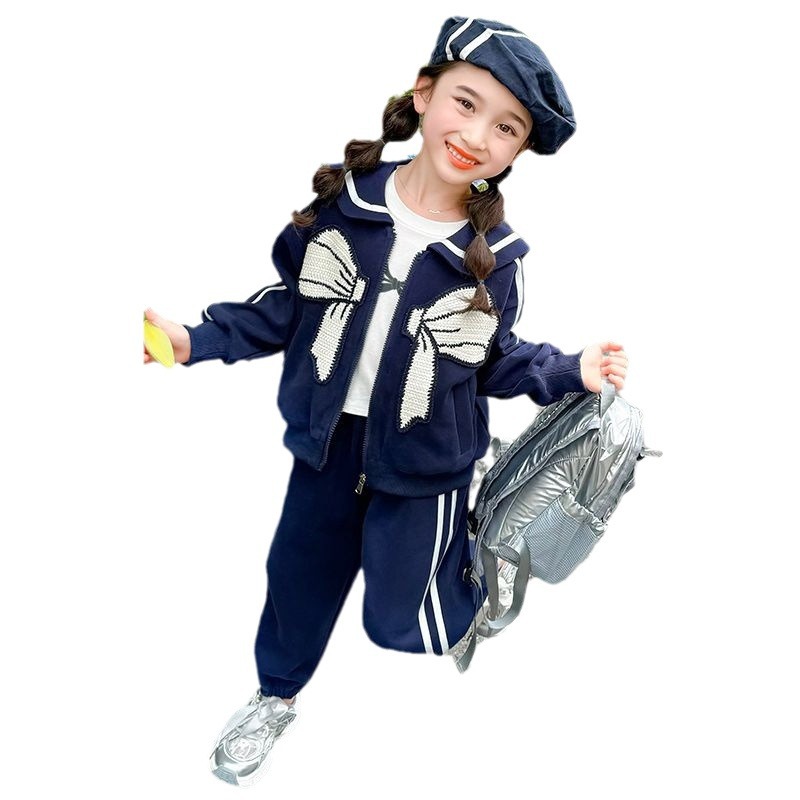 Traje casual de lazo de estilo azul marino para niñas 2024 otoño nuevo estilo para niños chaqueta de bebé de primavera y otoño coreana de dos piezas