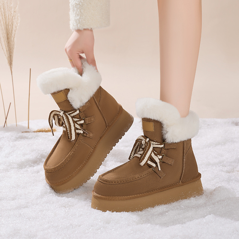Botas de nieve de fondo grueso para mujeres de invierno 2025 nuevas botas cortas gruesas de lana y algodón