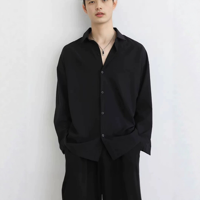 (Exclusively for Cross-Border Trade) Spring and Autumn Men's Black Shirt, Drapey, Wrinkle-Free, Loose-Fitting, Long-Sleeved, Stylish (Exclusively for Cross-Border Trade) Spring and Autumn Men's Black Shirt, Drapey, Wrinkle-Free, Loose-Fitting, Long-Sleeved, Stylish