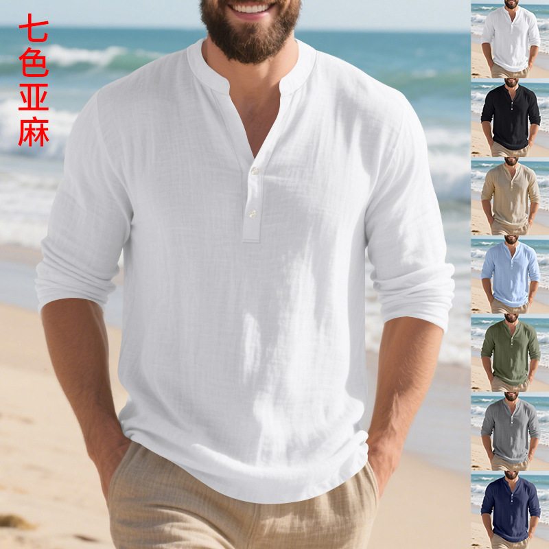 Cross-Border European and American Linen Shirt Stand-Up Collar Buttoned Men's Loose Casual Breathable V Neck Henley Shirt Long-Sleeved T-Shirt for Men