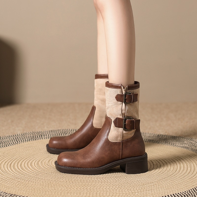 Vintage high-heeled booties Women's boots New fall/winter belt buckle mid-calf single boot chunky heel boots_voghion.com