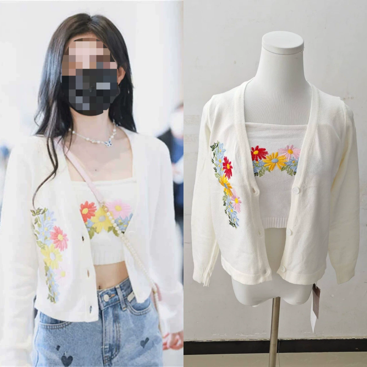 Ju Jingyi, трикотажная рубашка в том же стиле, женский кардиган с длинными рукавами, маленькая рубашка с длинными рукавами из двух предметов с цветочной вышивкой, осень 2022 г.