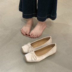 法式小个子方头内增高芭蕾鞋女2025年新款浅口鞋子蝴蝶结平底单鞋