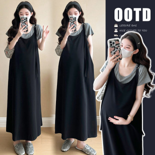 High-grade Pregnant Women's dress Summer Dress 2025 New Fashionable Pregnant Women's Wear with Strap Skirt Mid-length Two-piece Set