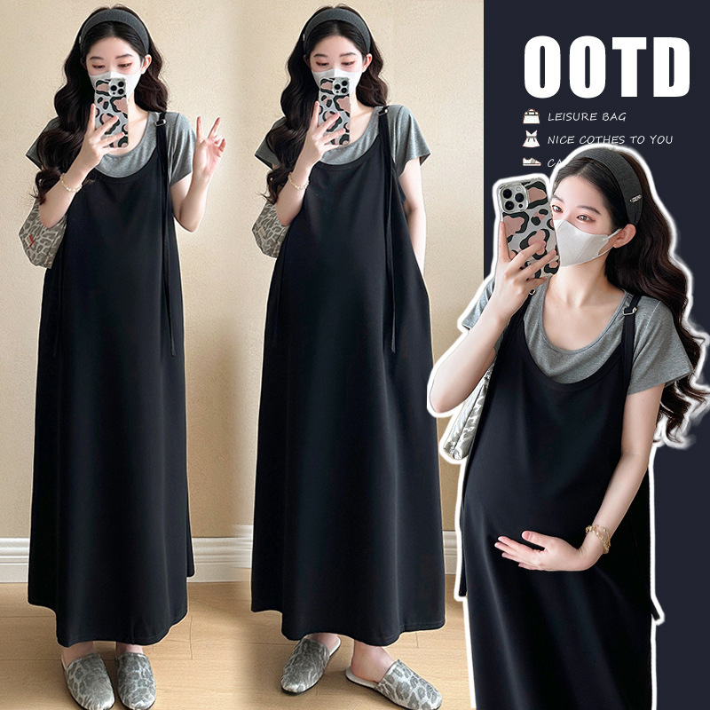 High-End Maternity Dress, Summer Fashion, Trendy Mom's New Style, Trendy Mom's Pregnancy Outfit, Suspender Skirt, Mid-Length Two-Piece Set High-End Maternity Dress, Summer Fashion, Trendy Mom's New Style, Trendy Mom's Pregnancy Outfit, Suspender Skirt, Mid-Length Two-Piece Set