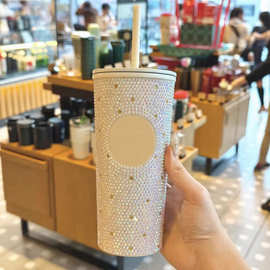 跨境圣诞系列镶钻联名新款钻石杯不锈钢保温吸管杯咖啡杯