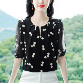 品牌桑蚕丝小衫女2025新款气质优雅女士时尚波点宽松圆领衬衫批发