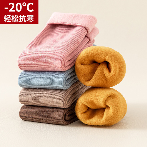 Autumn and winter men's and women's snow socks warm imitation cashmere plus velvet thickened snow socks women's solid color mid-calf floor socks