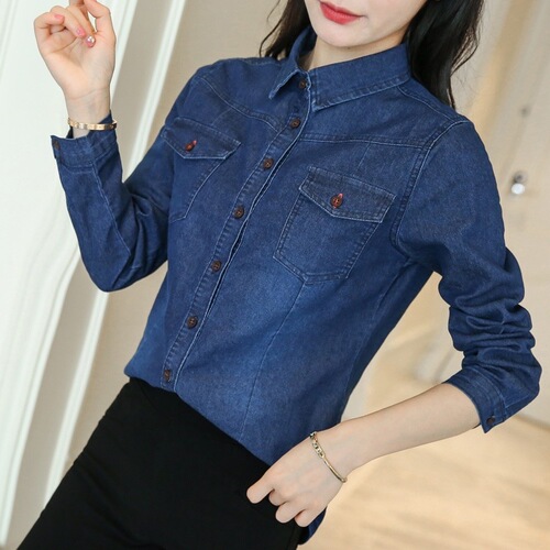 Women's Spring and Autumn New Denim Shirt, Fitted Korean Style Thin Jacket, Versatile Long-Sleeve Denim Top for Petite Women