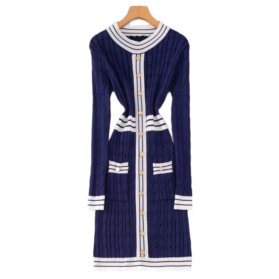 Slim Fit Knit Dress With Striped Pattern, Elegant High Waist Sweater Dress For Women, Casual Office Wear, Long Sleeve Round Neck Pullover Dress_ecoleips.com