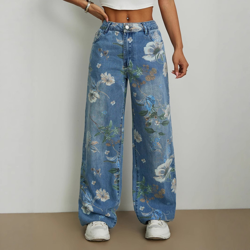 In Stock-15875 Cross-Border Aliexpress European and American Street Fashion Loose Straight Wide-Leg Printed Denim Pants