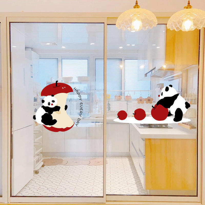 漫画パンダガラスドアステッカーキッチン静電ステッカーウィンドウ装飾浴室引き戸トイレミラー装飾ガラスステッカー|undefined