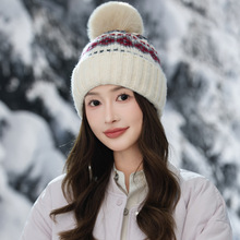 甜美百搭加绒毛球圣诞帽秋冬休闲民族风棱格毛线帽户外防寒保暖帽