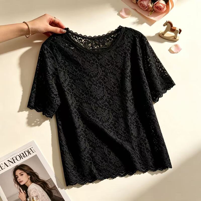 Summer Thin Hollow-Out Lace Short-Sleeve Women's T-Shirt with Delicate Floral Trim, Round Neck, Slimming and Figure-Flattering, Stylish Inner Wear Top