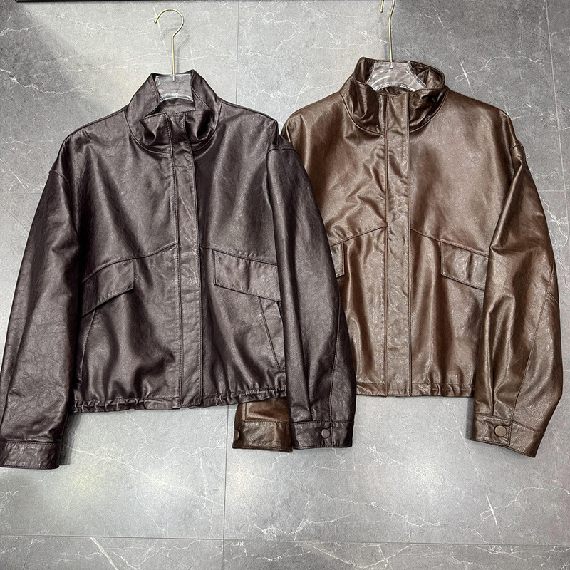 European Goods 2025 Autumn and Winter New Style Genuine Leather First Layer Sheepskin Oil Wax Retro Stand Collar Leather Jacket Loose Jacket for Women