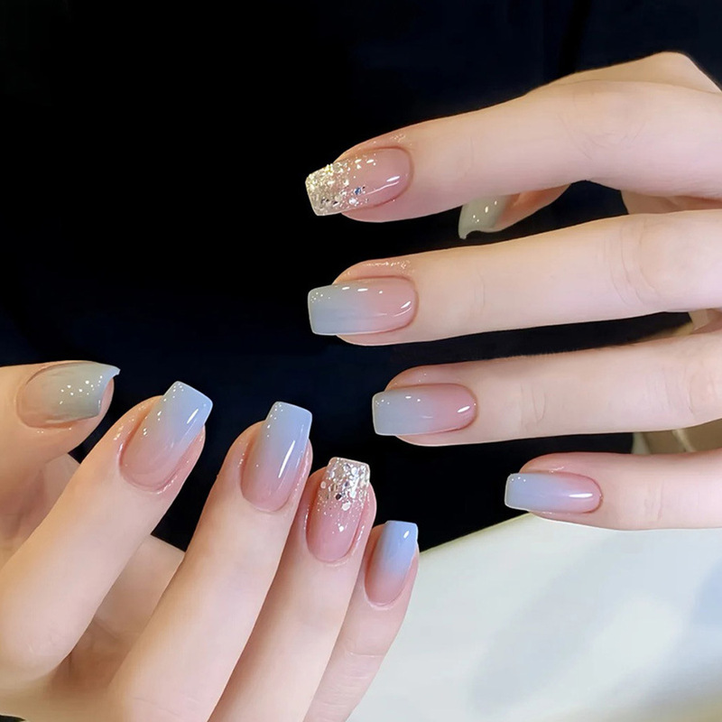 Sea salt milk cover milk breath gradient baby blue simple small fresh sparkling girl wind wearable nail 24 patch Sea salt milk cover milk breath gradient baby blue simple small fresh sparkling girl wind wearable nail 24 patch
