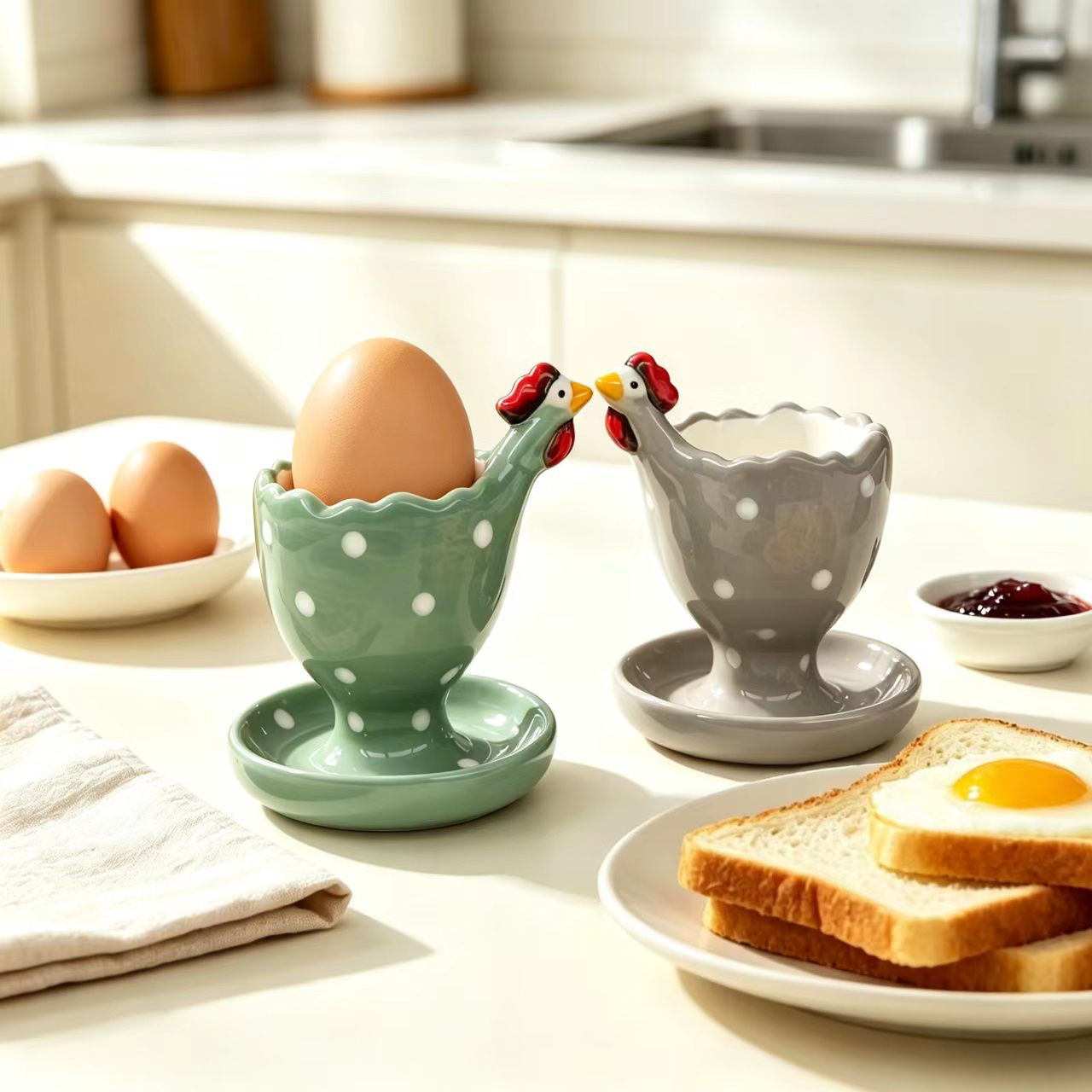 Trendy ceramic high-appearance breakfast egg holder for home use, cute and creative, cute polka dot 3D chicken egg holder