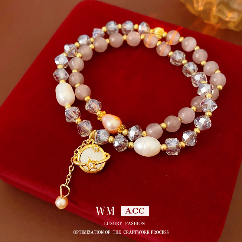 Pulsera de piedra de ojo de gato de doble capa, nicho de moda ligero lujo irregular pulseras de mano de alta calidad, joyas de mano para mujeres image 3
