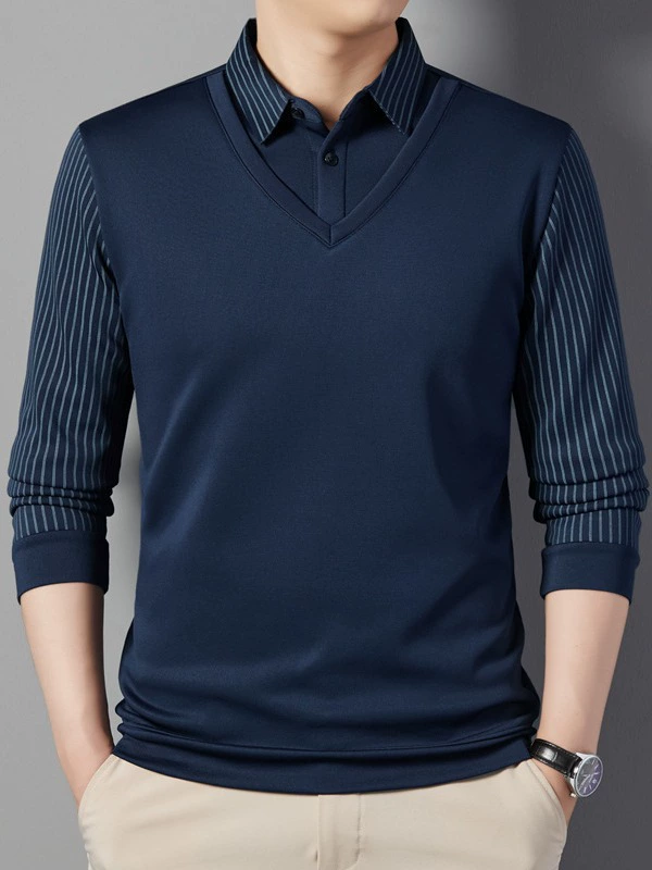 Мужская утолщенная рубашка-поло из искусственной двойной флисовой подкладки средних лет, осенне-зимний мужской свободный теплый топ в полоску