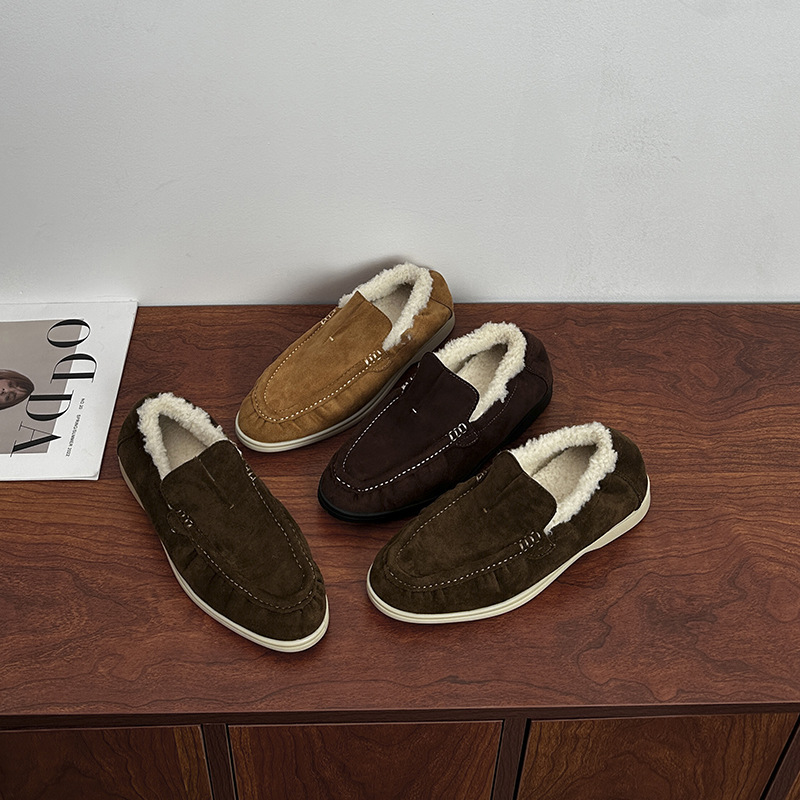 2025秋冬新款女鞋小众加绒保暖平底乐福鞋毛毛鞋豆豆鞋棉鞋单鞋女