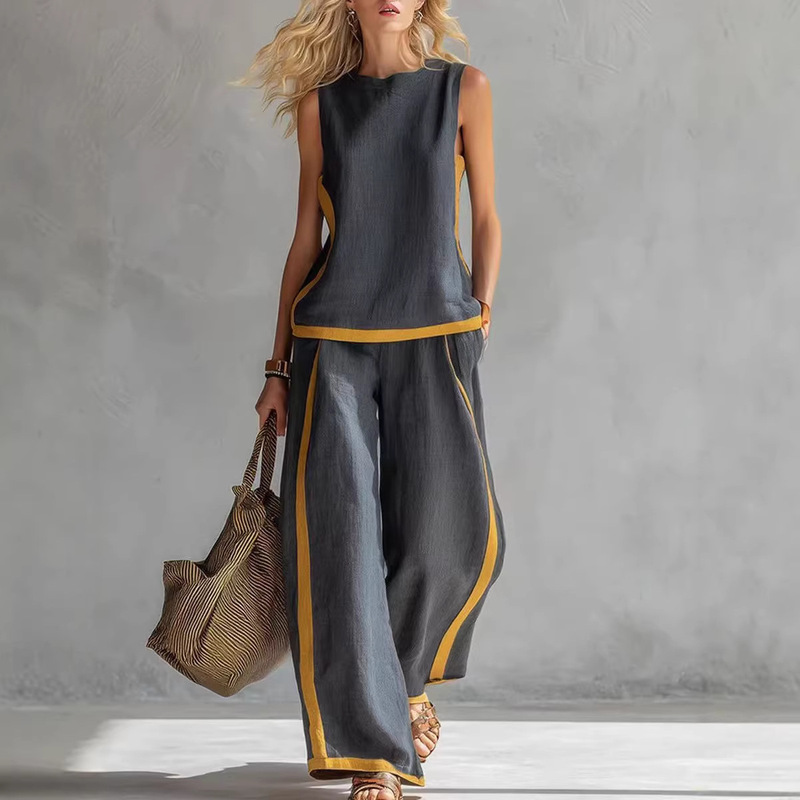 2026 New European and American Style Sleeveless Color-Block Wide-Leg Pants Set for Women, Summer Casual Fashion Two-Piece Set, Trendy Cross-Border Style