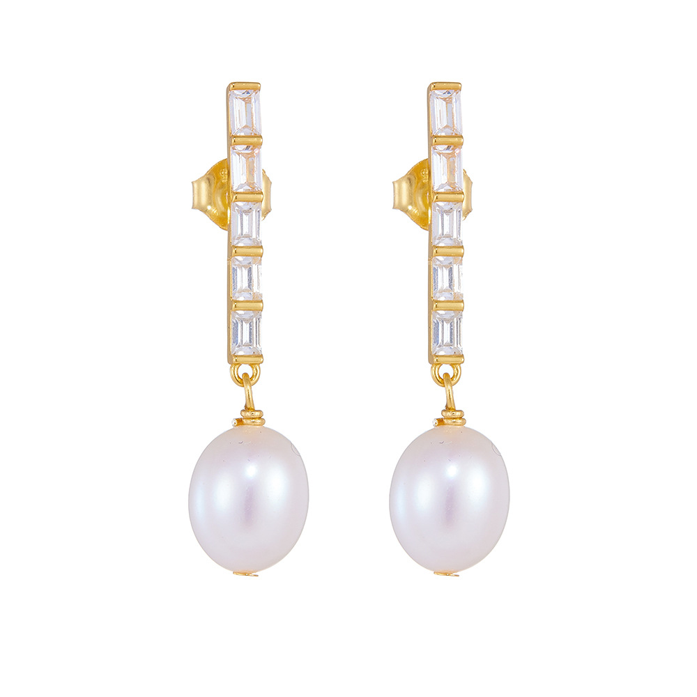 Casual, Daily Occasion 925 Sterling Silver, Freshwater Pearl Material 1 Pair 925 Sterling Silver Freshwater Pearl Zircon Geometric Solid Color Drop Earrings