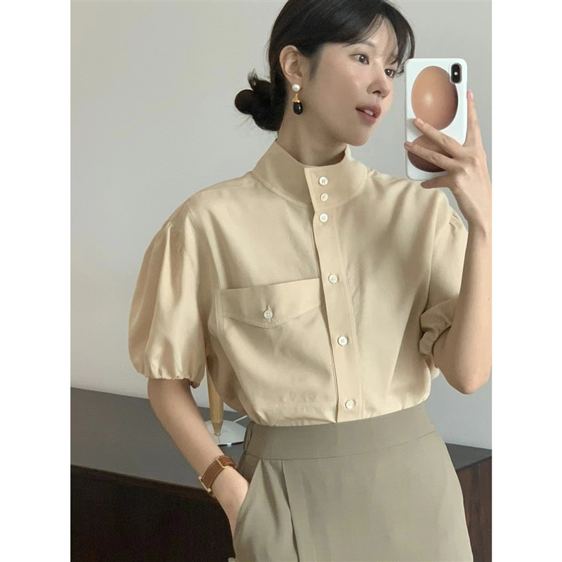 Korean Dongdaemun Egg-Pattern Retro Stand-Up Collar Shirt 2026 Summer Versatile Loose Slimming Inner Short-Sleeve Shirt for Women