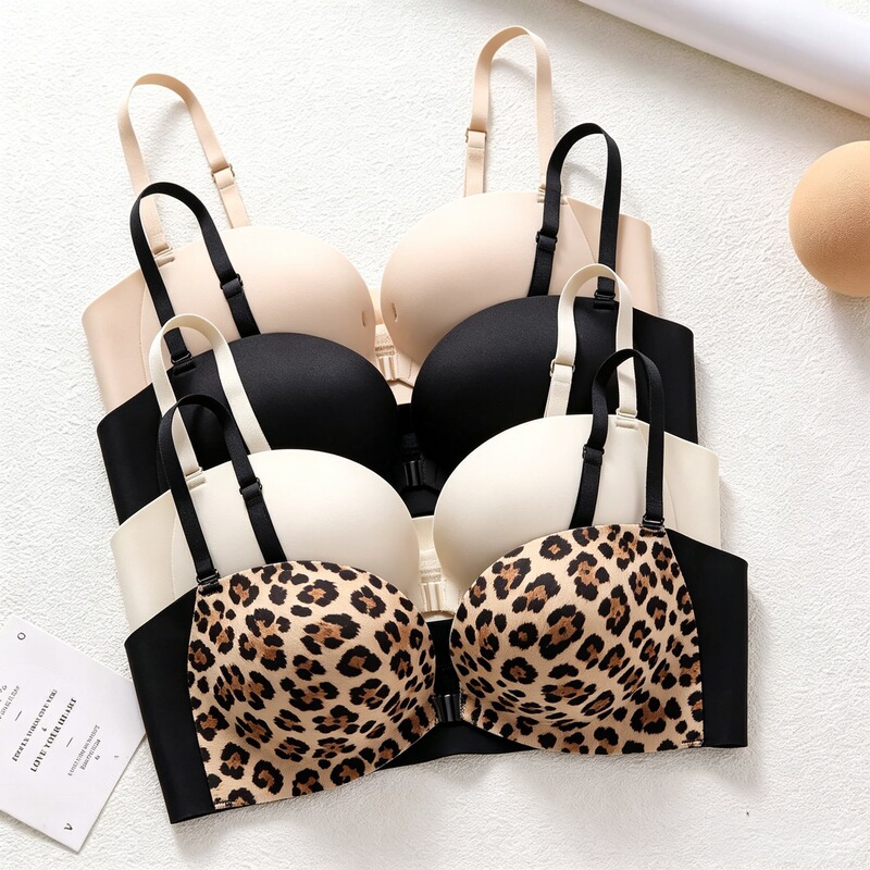 Sexy Leopard Print Front-Clasp Push-Up Bra for Women, Wireless, Enhances Small Bust, Side-Gathering, Breathable, Beautiful Back Design Lingerie for Women Sexy Leopard Print Front-Clasp Push-Up Bra for Women, Wireless, Enhances Small Bust, Side-Gathering, Breathable, Beautiful Back Design Lingerie for Women