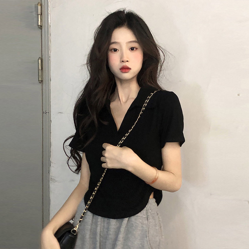 Women's Shoulder T-Shirt Short Lapel Short-sleeved Summer Slim-fit Niche Design Sense polo Collar Shirt Pure Spice Girl Top