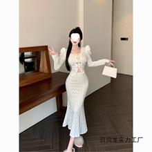 鱼尾裙套装女2025秋冬新款气质双排扣收腰蕾丝上衣中长款半身裙子