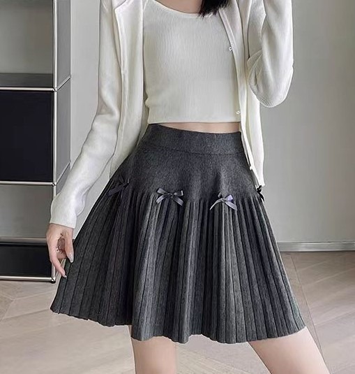 甜美减龄蝴蝶结针织百褶裙女高腰遮胯显瘦大摆a字伞裙半身裙短裙|undefined