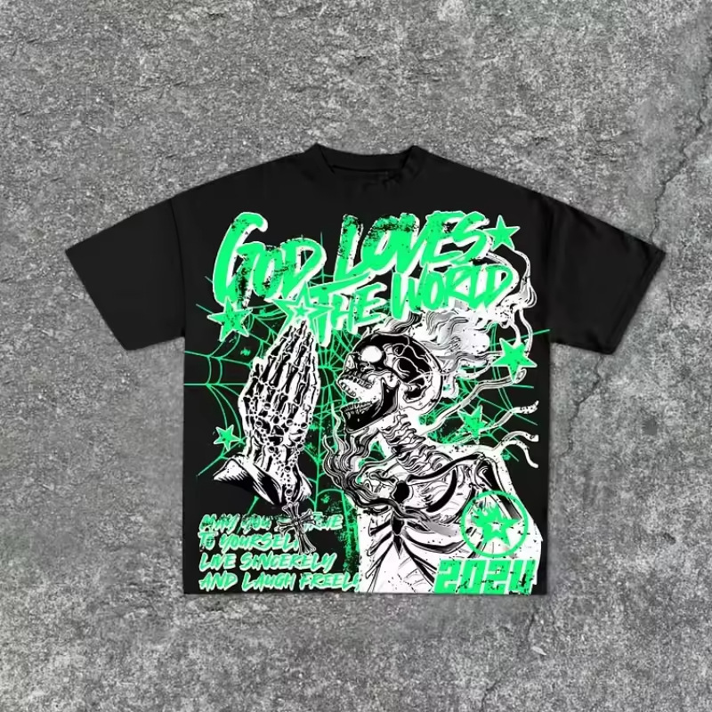 2025 God Loves the World Pattern 100% Pure Cotton T-Shirt Men's Summer Y2K Bug Retro Oversized T-Shirt Street Style 2025 God Loves the World Pattern 100% Pure Cotton T-Shirt Men's Summer Y2K Bug Retro Oversized T-Shirt Street Style
