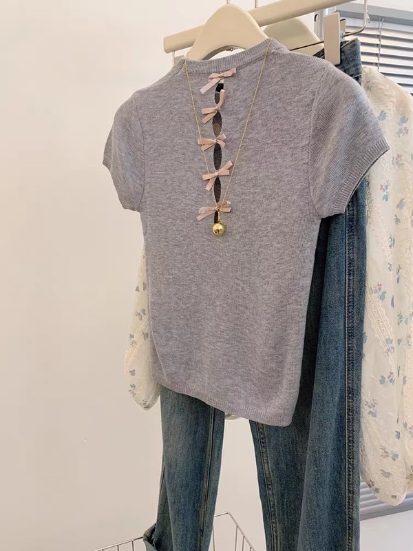 ブルーリボン刺繍薄手ニット半袖Tシャツレディース2025夏新作中空ショルダーシャツトップ|undefined