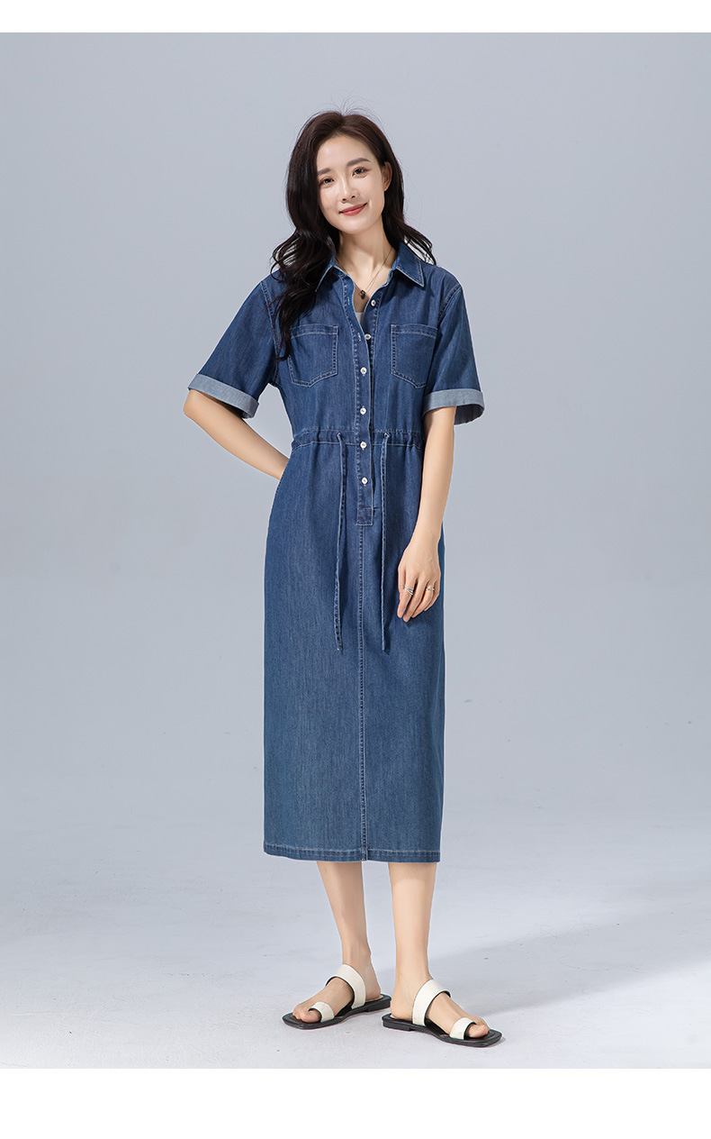 Váy liền dáng dài polo cotton thắt eo dây rút tay ngắn mùa hè — Màu xanh lam chi tiết 23