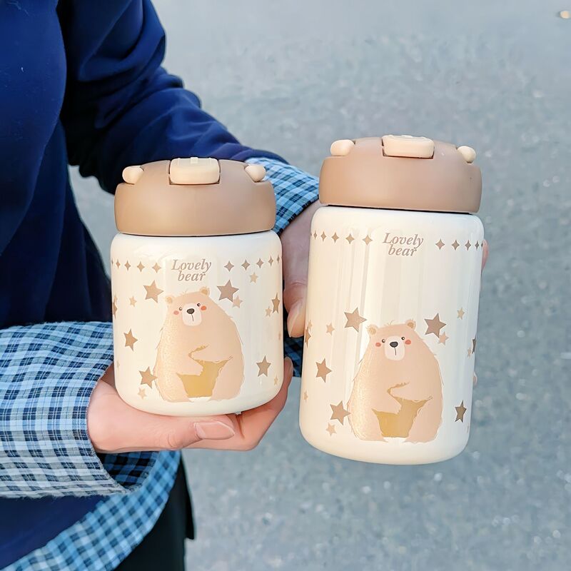 女の子向けバターベア魔法瓶カップ、見栄えの良い食品グレードのステンレス鋼ミニポータブル学生かわいいストローカップ|undefined