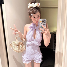 绝美孔雀蓝显白花朵连体泳衣女高级感小胸聚拢纯欲辣妹甜美泡温泉