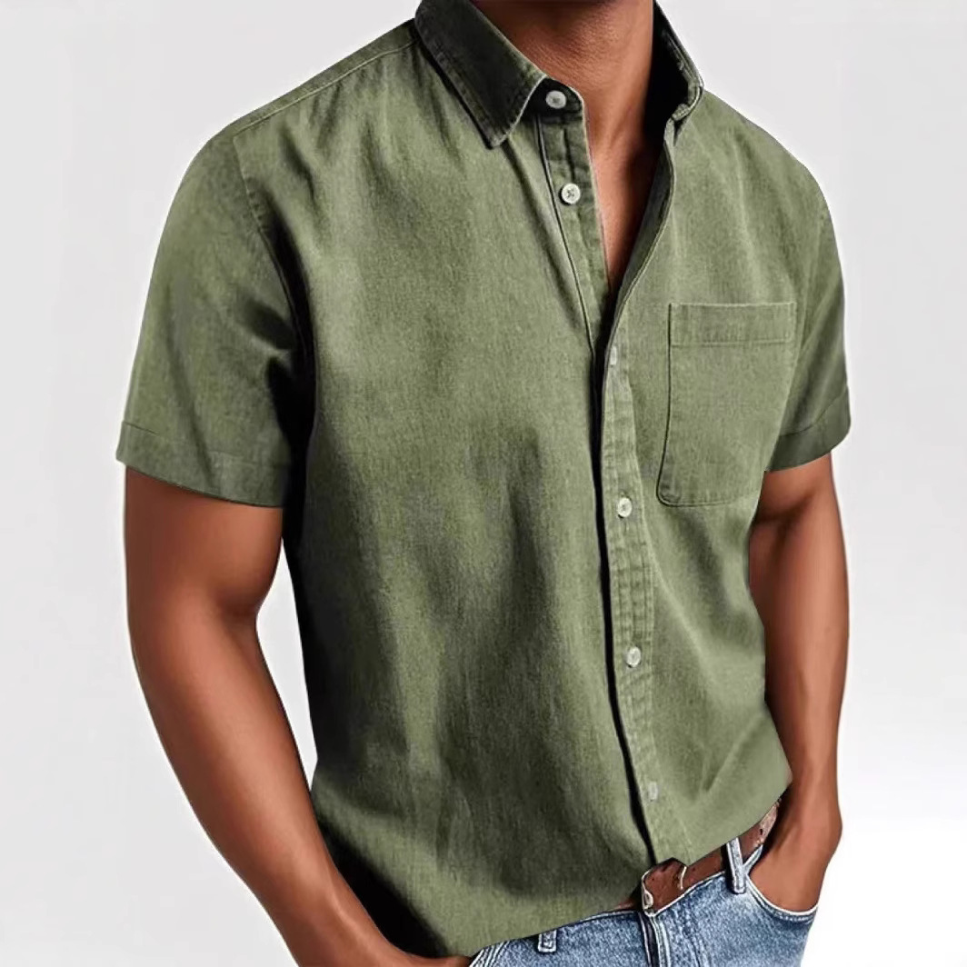 New 2022 Summer Street Style Shirt, Solid Color Washed Cardigan Short Sleeve Fashion Urban Turn-down Collar Men's Shirt_voghion.com