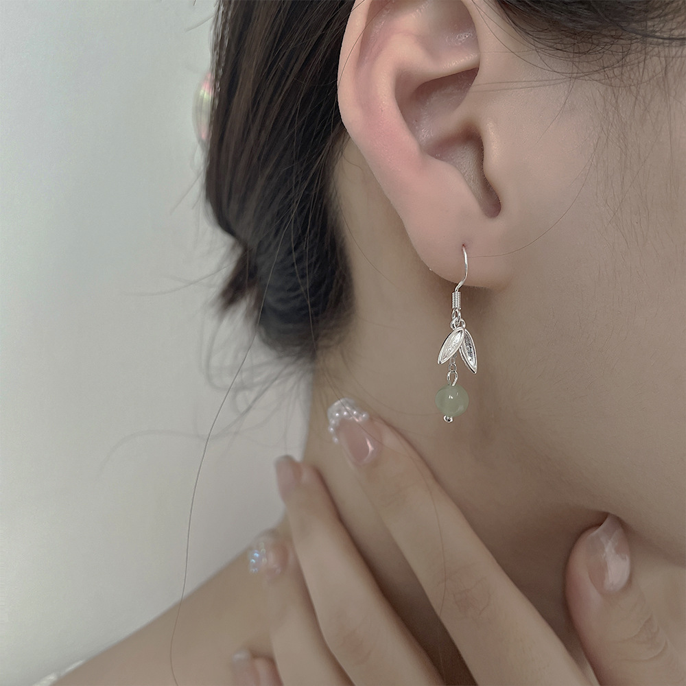 Hetian Bamboo Jade Bead Earrings Ancient Style Tassel Ear Hooks_voghion.com