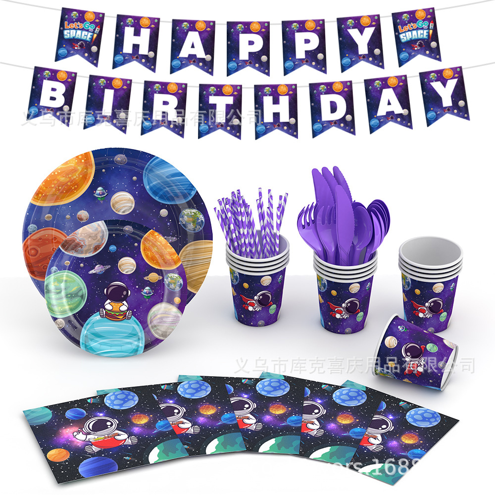 Starry Sky Aerospace Theme Bandeja de papel desechable, taza de papel, juego de vajilla de toallas de papel, suministros de decoración para fiestas de cumpleaños de astronautas