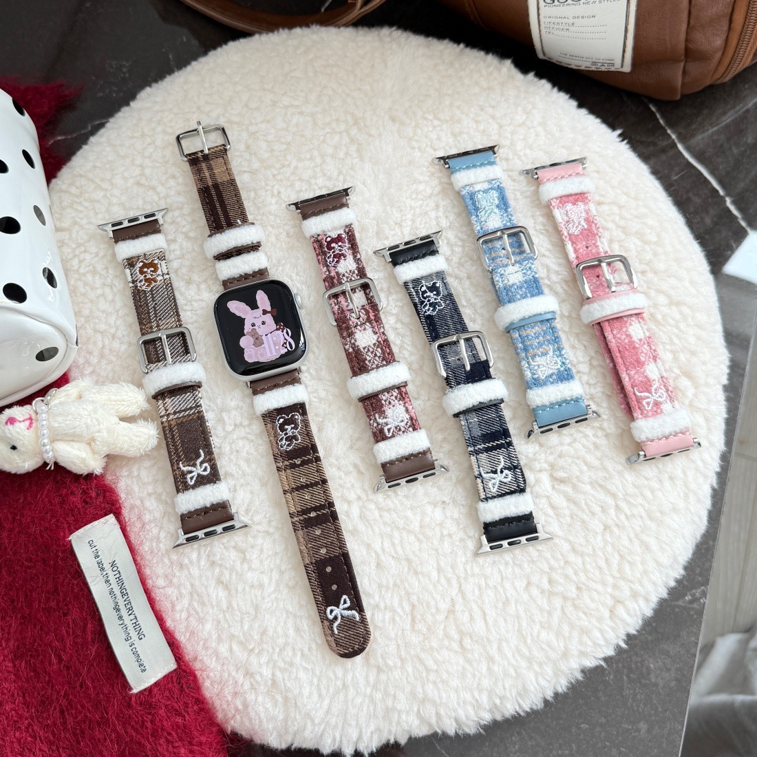 Bear Embroidered Plaid Watch Strap Suitable for Apple 1-11 Representative Strap Fit4/3 Huawei Gt5/4 Xiaomi 8/9Pro