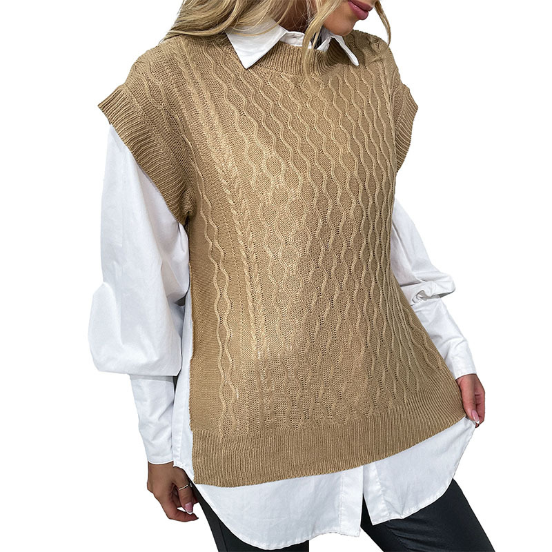Gilet tricoté torsadé ample de couleur unie_voghion.com