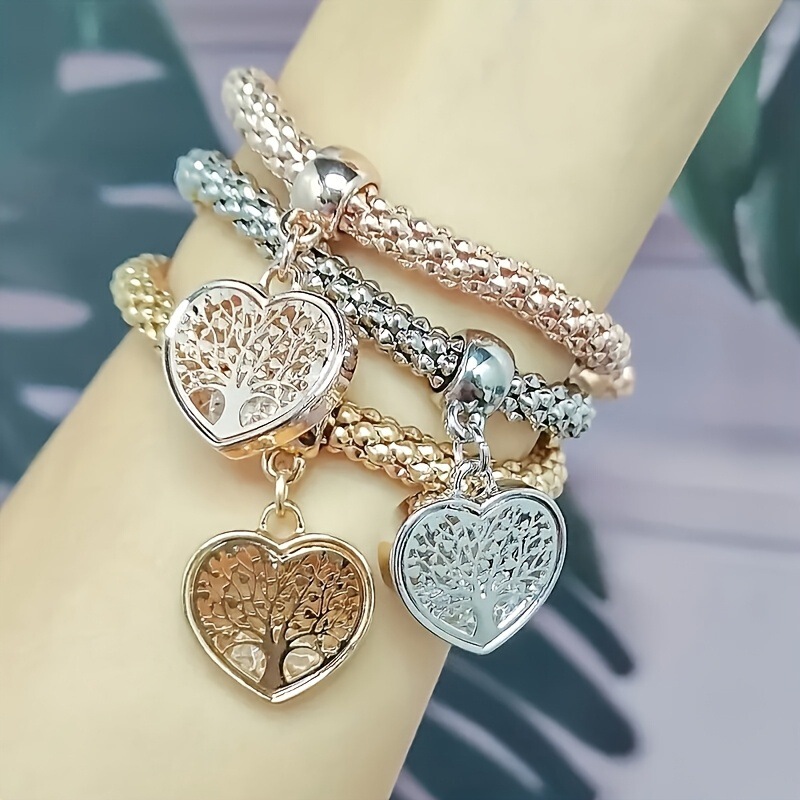 European and American cross-border bestseller: Alloy three-color set elastic popcorn corn chain with diamond-studded heart pendant bracelet for women European and American cross-border bestseller: Alloy three-color set elastic popcorn corn chain with diamond-studded heart pendant bracelet for women