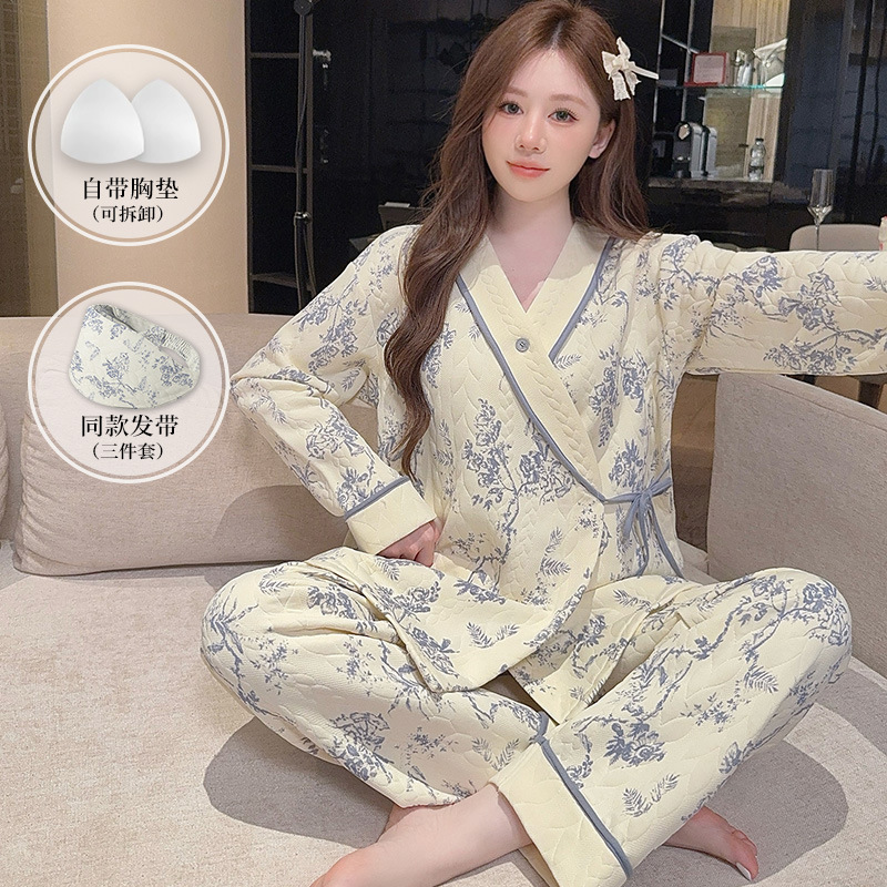 [Free Hairband] Maternity Pajamas Autumn and Winter Confinement Clothes Winter Thickened Air Cotton Pajamas Maternity Nursing Set