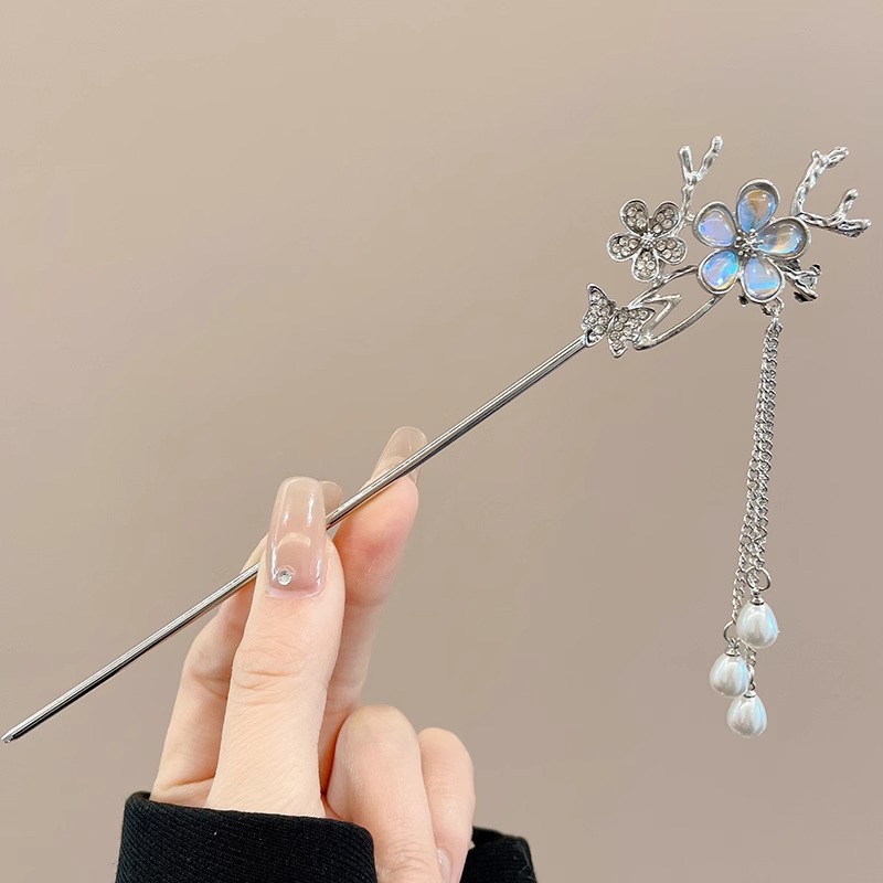 Horquilla de flores con flecos de estilo antiguo, temperamento femenino de alto nivel, escalón, horquilla de Hanfu, horquilla de cabello en la parte posterior de la cabeza, tocado de horquilla