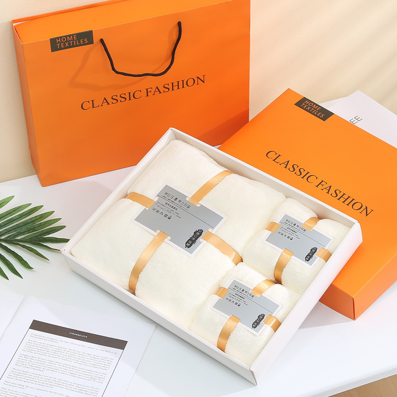 Manufacturer's Ready-Made Towel and Bath Towel Gift Box Three-Piece Set Thickened Annual Meeting Gift Towel Household Coral Velvet Towel Gift Box