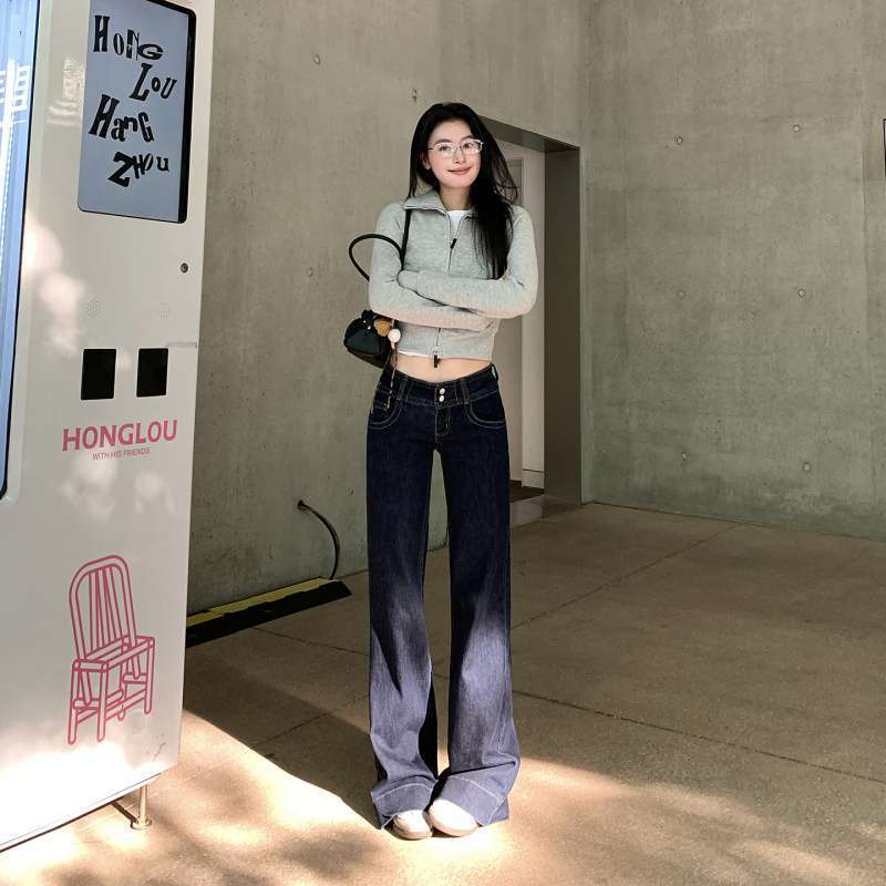 Wholesale Dropshipping Autumn and Winter American Style Low-Waist Slimming Micro-Elastic Washed Denim Blue Slightly Loose Straight Jeans for Women