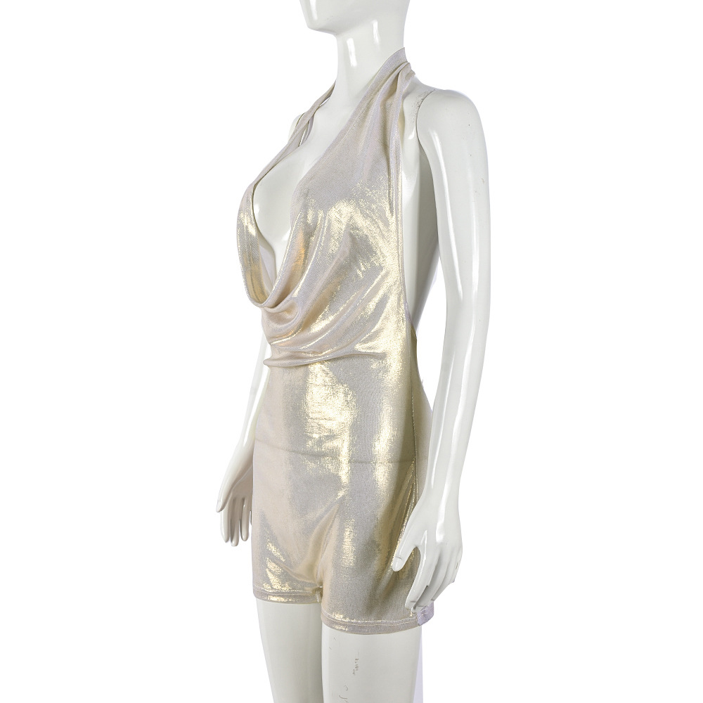 Girls Spring Summer Halter Backless Sexy Cutout Tight Metal Feeling Jumpsuit Women