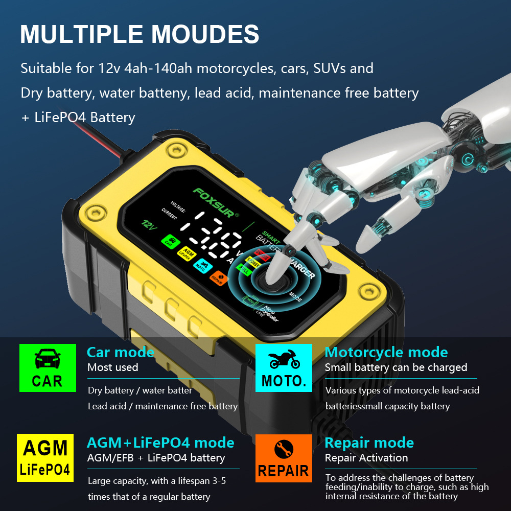 Diagram illustrating multiple charging modes: Car mode for dry, water, lead-acid, maintenance-free batteries; Motorcycle mode for small capacity lead-acid batteries; AGM+LiFePO4 mode for large capacity batteries; and Repair mode for activation and addressing internal resistance.
